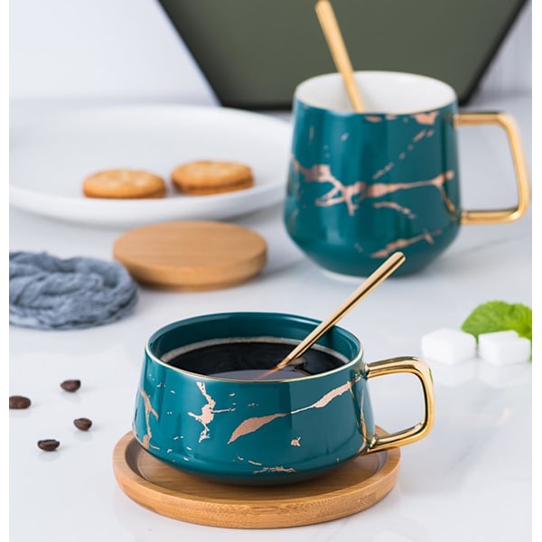 YBK Tech Porcelæn Te Kop Kaffe Kopsæt til Eftermiddagste - Marmor Mønster (Grøn, Kort 300ml + Træunderkop) Green., Short
