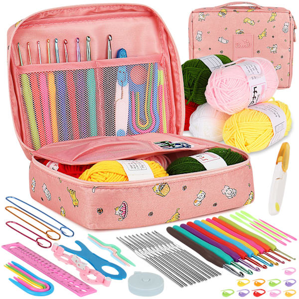 Virka kit för nybörjare vuxna, sticknings startkit för vuxna, inklusive 0,6-6,0 mm metall virknålar, ull, fodral och sticktillbehör, barn