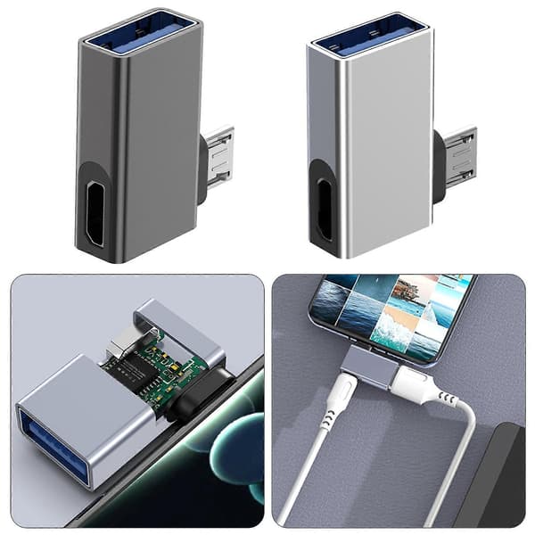 Micro USB til USB-adapter med 90-graders vinklet forlengelsesadapter med OTG-funksjon og ekstern strøm Silver