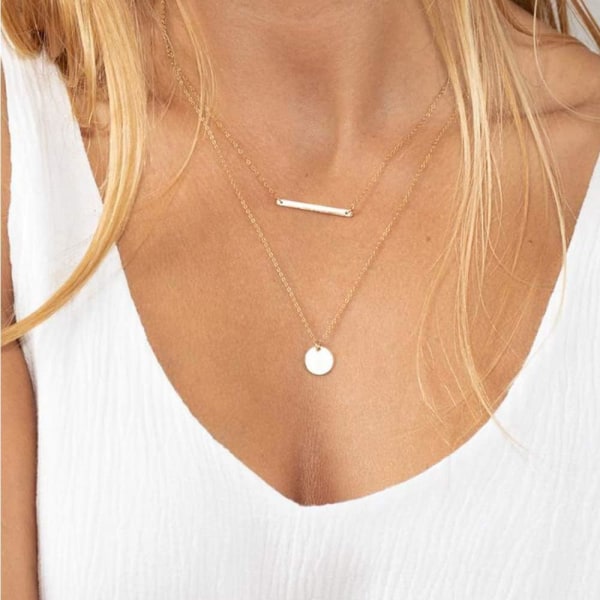 Fint flerskiktat chokerhalsband, handgjort 14K guldpläterat Y-hänge halsband flerskiktat stångskivehalsband justerbara skiktningschokerhalsband för kvinnor 3PCS  Circle&Bar&Disc 3PCS  Chain&Bar&Hammered Disc