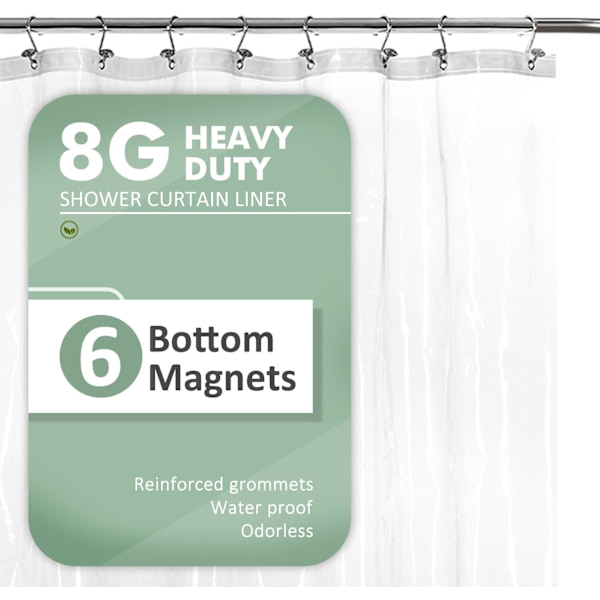 Kort duschdraperi eller foder med 6 viktade magneter, 72 x 66 tum längd, kraftig PEVA, vattentät, PVC-fri, 12 metallöglor, genomskinlig, A1. Clear W72*H66