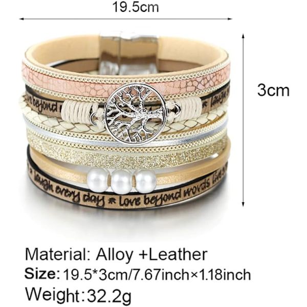 Leopardarmbånd for kvinner, Boho skinnomslag flerlags perle krystallarmbånd armbånd smykker A9Tree of Life(Beige) A7Feather