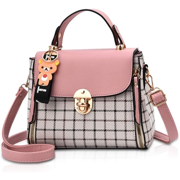 Herrehåndvesker Søte Crossbody-veske for jenter Gitter Skulder Vesker PU Lær Messenger Bag Top-Handle Veske med Klaff Rosa