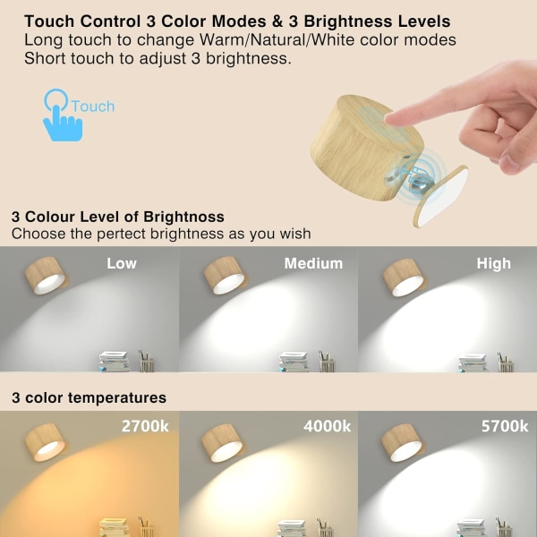 Vägglampa LED vägglampa med uppladdningsbart batteri, touchkontroll 3 ljusstyrkenivåer 3 färglägen Vägglampor 360° fri rotation Mordern