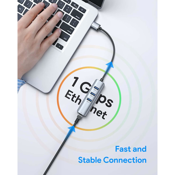 USB til Ethernet-adapter, 4 i 1 aluminium USB Ethernet-adapter med RJ45 10/100/1000 Mbps Gigabit nettverks-LAN-port, 3 USB 3.0-porter, for MacBook Pro, Gray