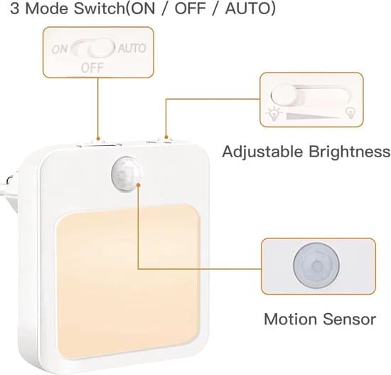 2 x sokkellampe med bevegelsessensor - plug-in LED-lampe - nattlys - varmt lys - dimbar