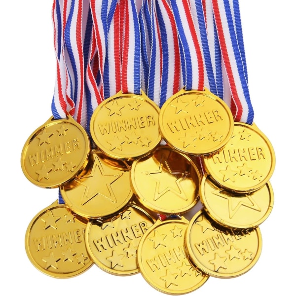 28 kappaletta lasten mitaleja, muovinen kultamitali kaulanauhoilla, muovinen lasten kultamitali, voittajamitalit kilpailun palkinnoista urheilupäivän teema