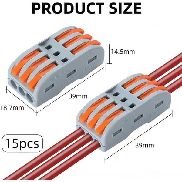 15 stycken SPL-3C snabbkopplingsplintar, 3-ingångs 3-utgångs snabbkopplingar med spak, pressanslutningar och kit, för 0,08-4mm² kablar