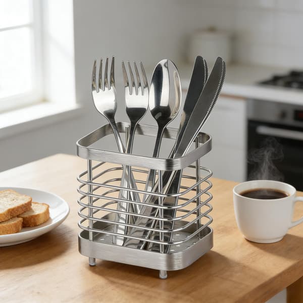 Robust og holdbar holder i rustfrit stål til tørring og opbevaring af bestik på køkkenbordet.
