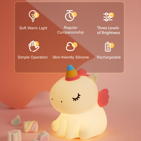 Unicorn Natlampe til Børn, Sød Silikone Natlampe til Babyværelse Dæmpbar LED Blød Unicorn Lampe Genopladelig Sengelampe med Touch