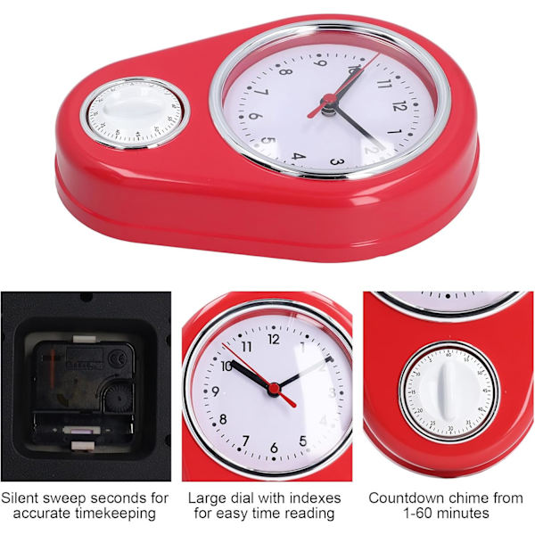 Væg ur køkken timer, 60 minutters visuel nedtællingstimer, lydløs drift, nem at læse, retro køkken vægur, visuel timer, hjemmekøkken T Red