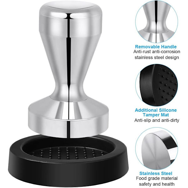 Kaffe Tamper, 51mm Espresso Kaffe Press, Rustfrit Stål Tamper med Silikone Tamper Måtte til Kaffe og Espresso, Tamping, Barista Silver, Black