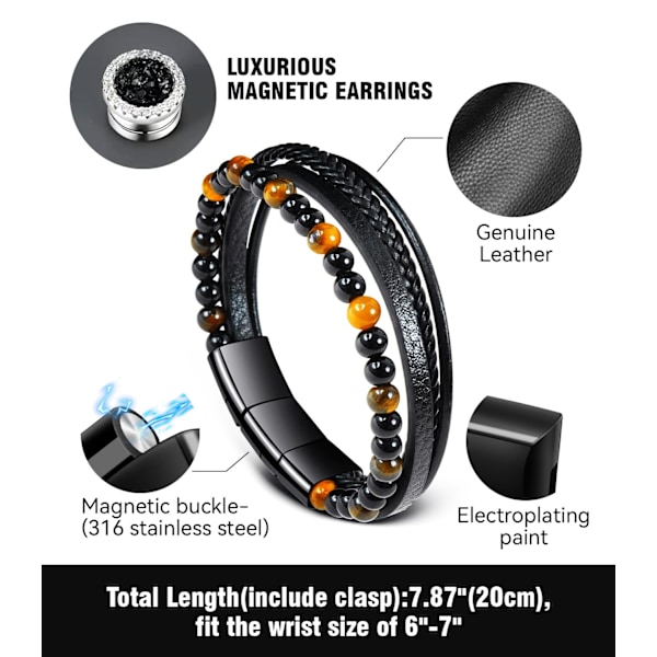 Herrarmband Läder Svart Multi-lager Armband för Män Magnetlås Rep Armband Herrpresent till Pojkvän 19cm