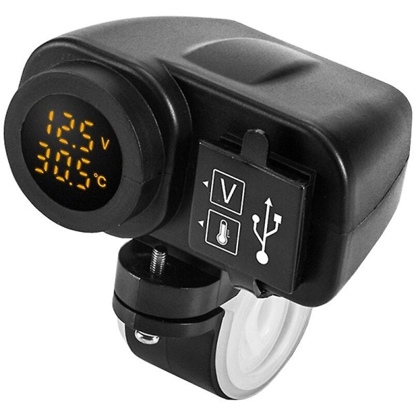12v motorcykel dubbel USB laddare, 5v 2.1a 2-ports vattentät uttag Voltmeter Laddare uttag för motorcykelmobiltelefoner, gul