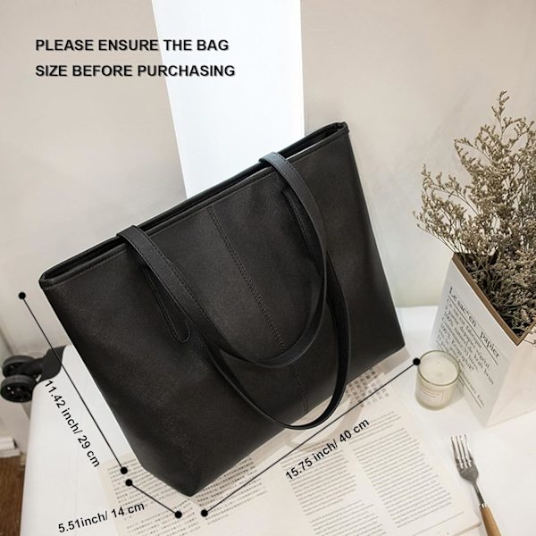 Cordfløyel Tote Bag, Skulderhåndvesker Stor Kapasitet Handlepose med Innerlomme for Kvinner Jenter Black