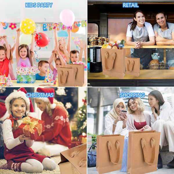 Bruna pappersbärkassar, 20-pack bruna kraftpapperskassar bruna papperspresentpåsar med starka handtag, tjocka återvinningsbara festpåsar detaljhandelslunch Brown