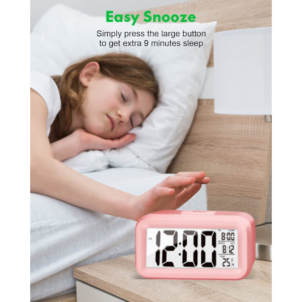 Uppgraderad Digital Väckarklocka, 4,3\" LED-Display med Temperatur Större Ljudstyrka Ljuskontroll Bärbar Snooze Kalender Ljusstyrka med Batteridrift Pink