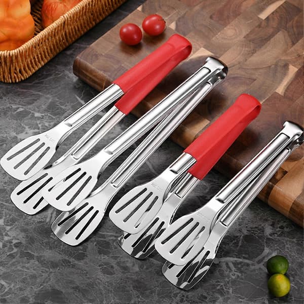 Serveringstang i rustfritt stål med grep – 3-linjers spaltehode – for BBQ og buffetkjøkken Red M