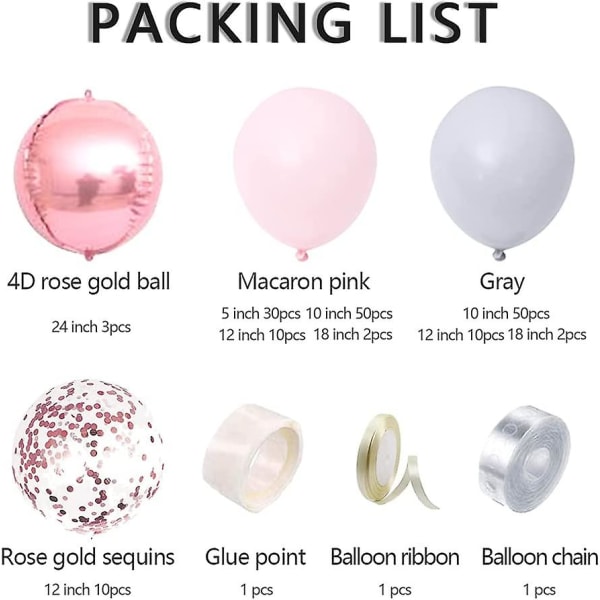 Balloon Arch Kit, 170pcs Macaron Diy Latex Pastel Pink Grey Rose Gold Balloons Garland Decoration