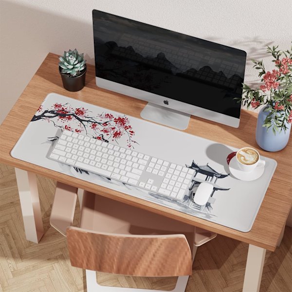 Japansk körsbärsblomma vit musmatta (31,5 × 11,8 × 0,12 tum) Utökad stor musmatta skrivbordsunderlägg, sydda kanter musmatta, halkfri gummibas, Japan Mouse Pad  3 Ink Drawing Mouse Pad  1