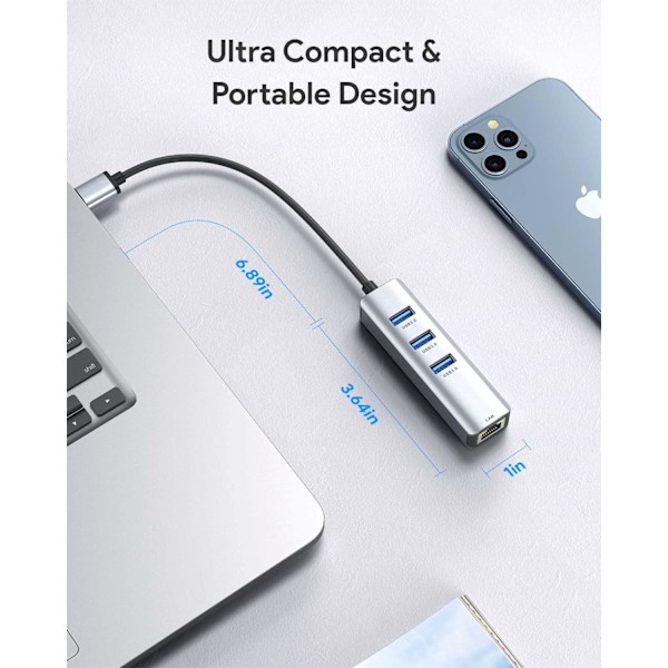 USB til Ethernet-adapter, 4 i 1 aluminium USB Ethernet-adapter med RJ45 10/100/1000 Mbps Gigabit nettverks-LAN-port, 3 USB 3.0-porter, for MacBook Pro, Gray