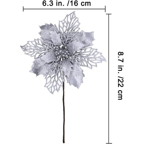 24 st Silver Glittered Mesh Holly Leaf Artificiell Julstjärna Blommor plockar Träddekorationer 5,9" För Silver Krans Garland Blomsterpresent Vinterbröllop