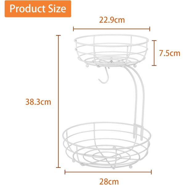 Fruktställ, 2-vånings fruktkorg med bananhängare, köksbänk fruktkorg, metall frukt grönsaker skålar perfekt för att hålla frukt, veget White