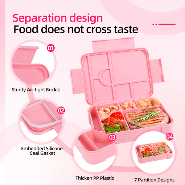Läckagesäker Bento Lunchlåda med 7 Fack och 1 Salladsdressingbehållare, Perfekt för Skola, Dagis, Kontor (Rosa) pink