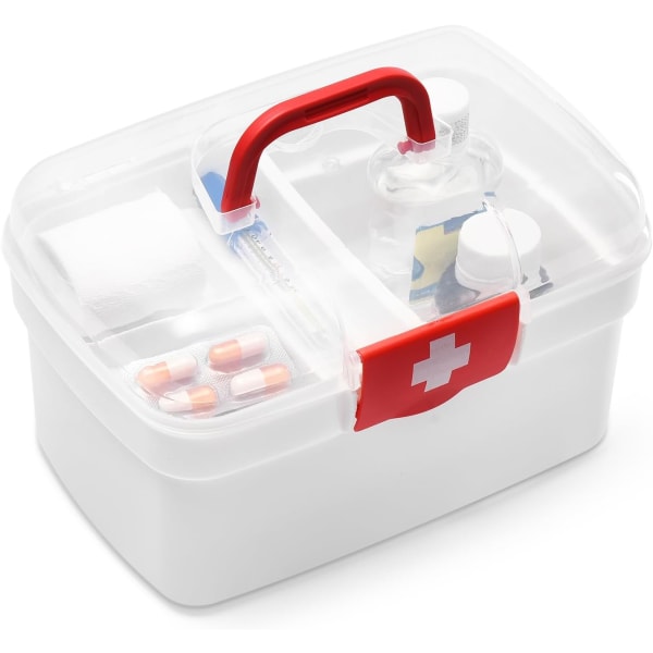 Första hjälpen-låda för familjen, medicinsk förvaringslåda för nödsituationer, organizer för medicin - tom genomskinlig plast och dubbelt lager