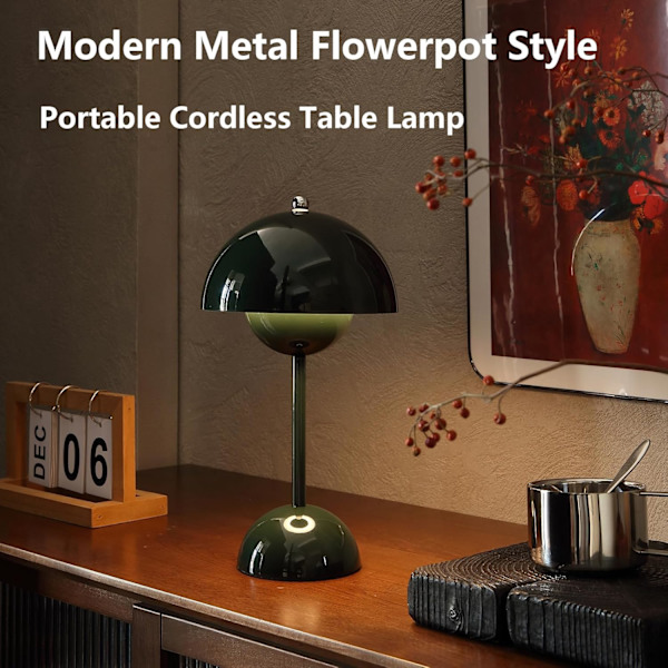 Moderne Blomsterpot Ledningsfri Bordlampe, Ledningsfri Mid Century Lampe, Sød Batteri Svampe Bordlampe, Lille Lampe til Natbord, Dæmpbar Touch Soveværelse La Green