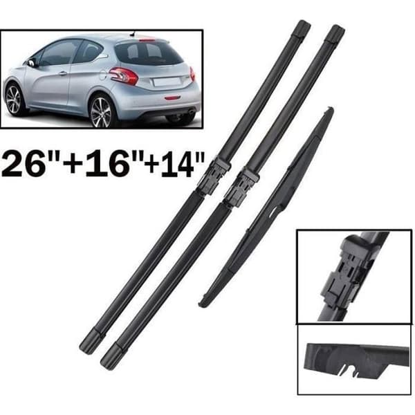 Sæt med 3 viskerblade for + bag til Peugeot 208 2012 2013 2014 2015 2016 2017 2018