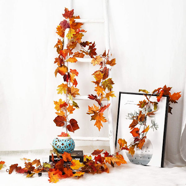 2 Pakke Efterårsguirlande Ahornblad, 5,9Ft/Stk Hængende Vingguirlande Kunstig Efterårsløv Guirlande Thanksgiving Dekoration til Hjem Bryllup Pejs Orange
