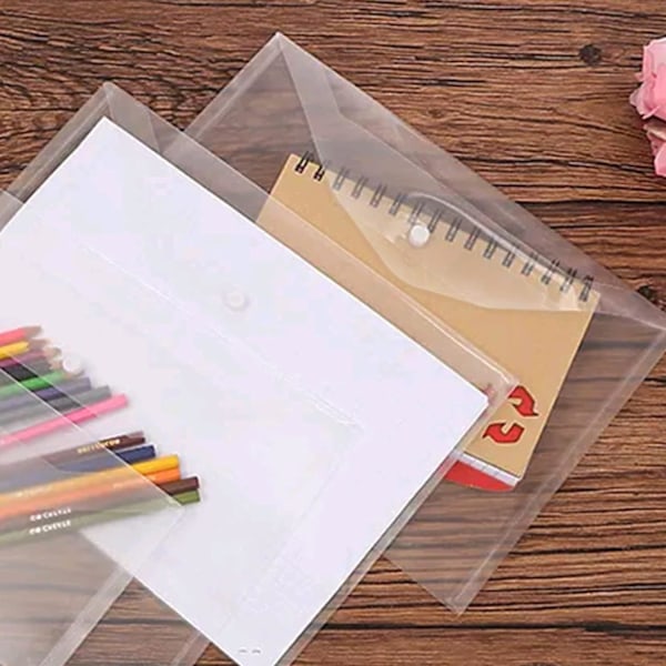 A4 plastfickor, 10-pack genomskinliga mappar plastmapp dokumentfickor kuvertmappar med etikettficka och knapp för skola, hem,