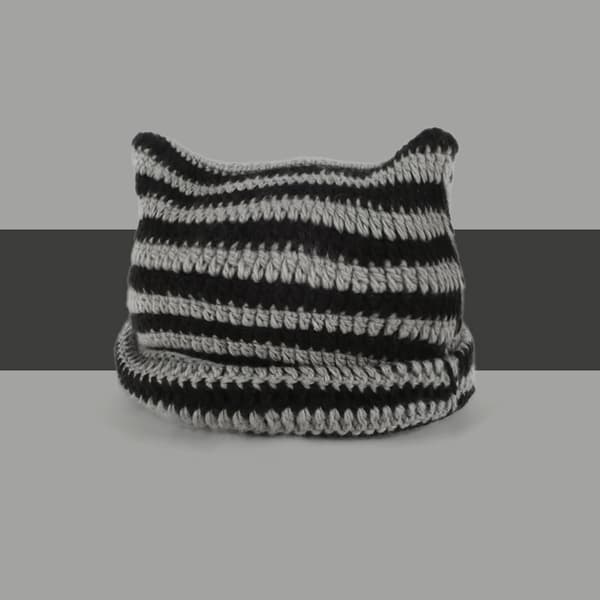 Strikket kattehue med ører, stribet varm elastisk vinterhue, sort og grå Black and Grey