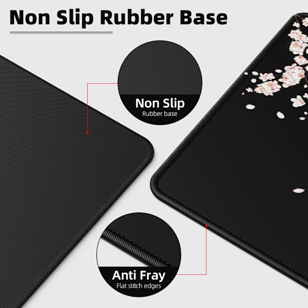 Svart japansk plommonblommor musmatta (31,5 × 11,8 × 0,12 tum) Utökad stor musmatta skrivbordsunderlägg, sydd kant musmatta, halkfri gummibas, Ga Plum Mouse Pad  1 Ink Drawing Mouse Pad  1