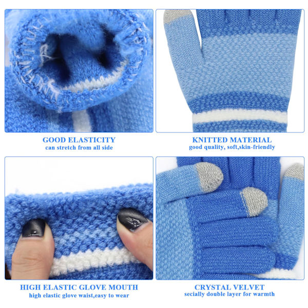 Barnvantar, Stickade Vantar för Vinter, Stretchiga Barnvantar, Helfingersvantar för Barn, Fluffiga Varma Barnvantar för Pojkar och Flickor Blue