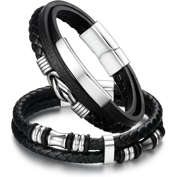 2 st läderarmband för män, klassiska svarta flätade armbandspresenter till honom pojkvän make pappa son pojkar magnetiskt spänne manligt armband Alla hjärtans dag Schwarz