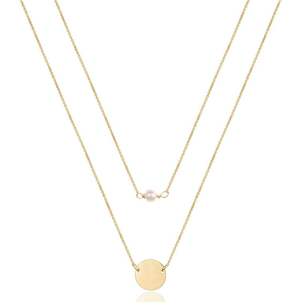 Fint Lagdelt Choker Halskæde, Håndlavet 14K Guldbelagt Y Vedhæng Halskæde Multilag Bar Disc Halskæde Justerbar Lagdeling Choker Halskæder til Kvinder 2PCS  Pearl&Disc 3PCS  Chain&Bar&Hammered Disc