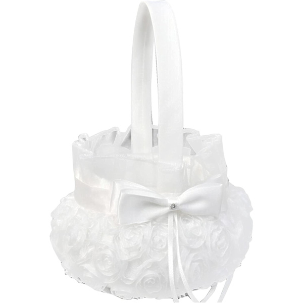 Satin Bowknot Rose Blomsterflicka Korg, Bröllop Blomkorg Ceremoni Fest Bröllop Graduation Dekoration, 1st