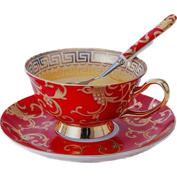 YBK Tech Euro Style Bone China Kop & Underkop Sæt, Keramisk Te- og Kaffe Kop til Hjemmet Køkken Bryllup (Retro Blomstermønster - Rød) Retro Flower Pattern Red