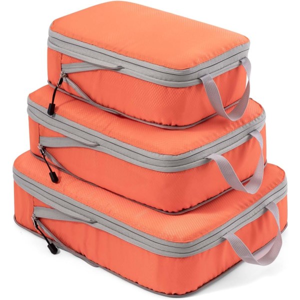 Kompresjonspakkekuber for kofferter, 3 stk utvidbar koffertorganisering, lett reisebagasjeopplegger Pakkeposer Oppbevaringsposer Trave Orange XL, L