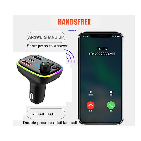 Auton FM-lähetin Bluetooth-audiosovitin Musiikkisoitin PD-laturilla Kaksi USB-porttia