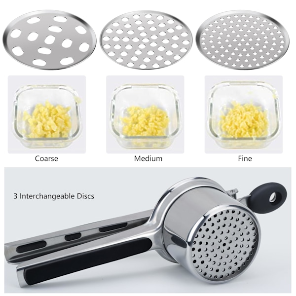 Kraftig kartoffelmoser i rustfrit stål med 3 udskiftelige sier til grov, medium & fin, madpresser til kartoffelmos, puré, frugt