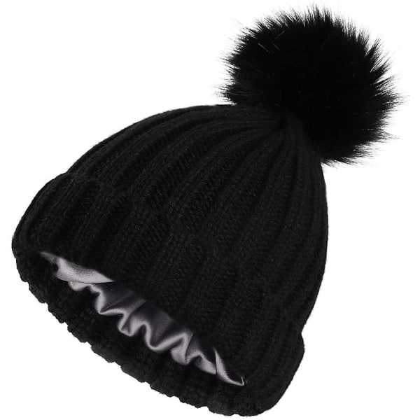 Kvinder Vinter satinforet Pom Hatte Strikkede Beanies Med Aftagelig Pom Pels Hat