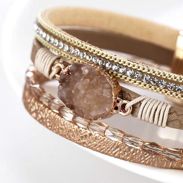 Leopard Armband för Kvinnor, Boho Läder Wrap Flerskikts Pärla Kristall Armband Smycken B17Gold Stone(Short) A7Feather