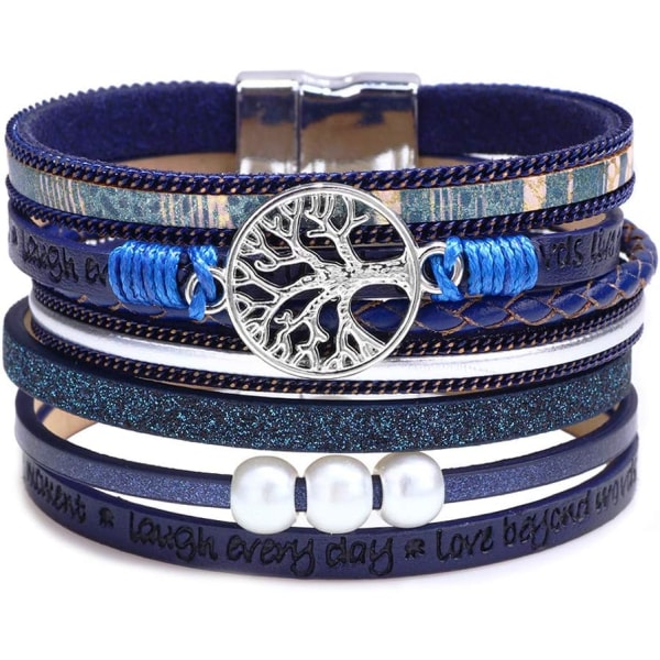 Leopardarmband för kvinnor, Boho Läderomslag Flerlagers pärlor Kristallarmband Armband Smycken B11Tree of Life(Blue) A7Feather