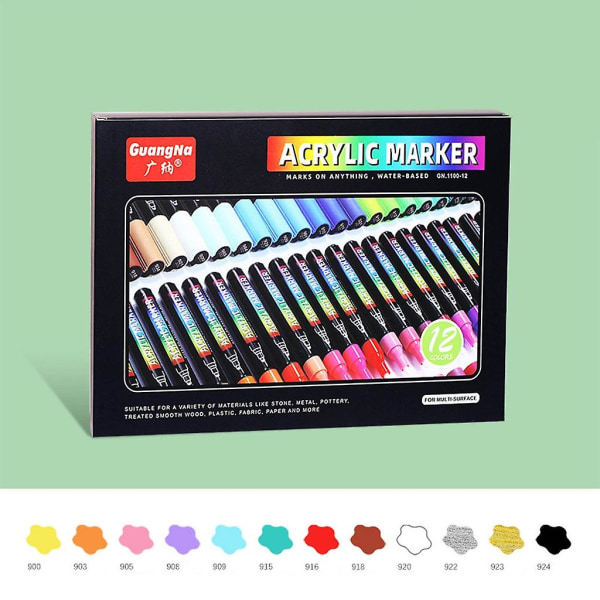 Akrylmalingspenner, 12 farger akrylmalingsmarkører for maling, scrapbooking