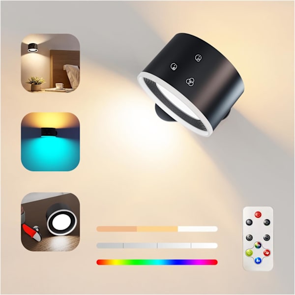 Vegglampe innendørs, vegglampe med fjernkontroll dimbar RGB-omgivelsesbelysning med oppladbart batteri, 1-timers timerfunksjon berøringskontroll 360°