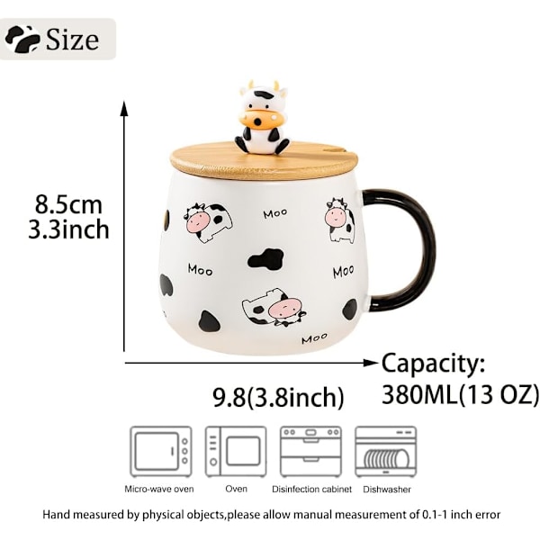 Söt djur kaffemugg med lock och sked, söta kotryckssaker presenter, keramisk tekopp, Kawaii-kopp, tecknad kaffemugg present till kvinnor kontor och Black and White