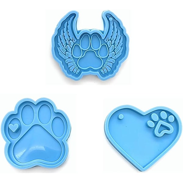 3 stk. Silikonformer for Resin Blå Pet Paw Form Silikonform Hjerte Potetrykk Nøkkelring Silikon Resin Former for DIY Nøkkelringer Halskjede Anheng